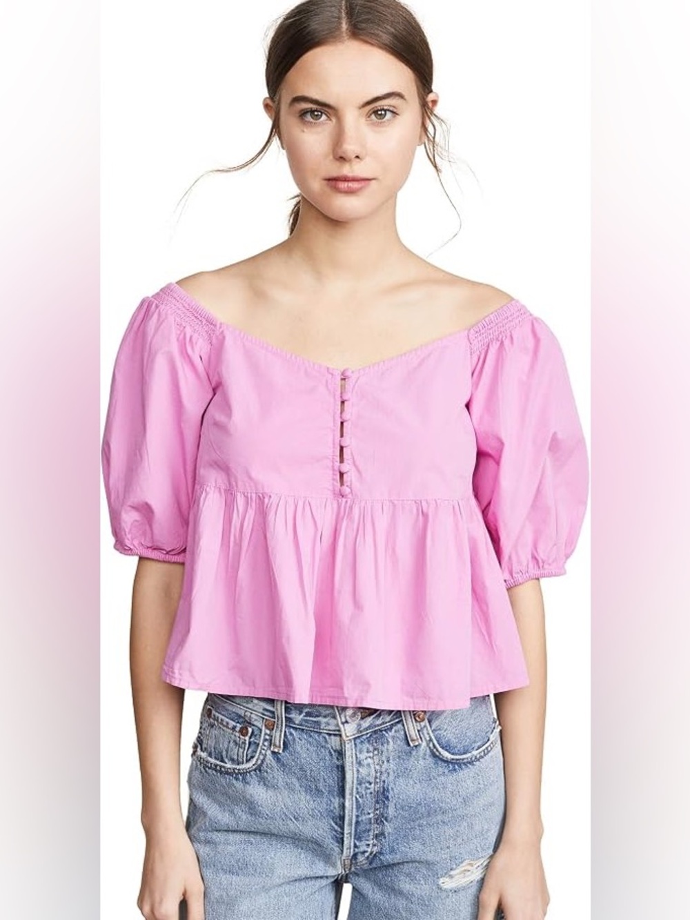 Free People Pink Veronica Sweetheart Puff Sleeve Cropped Top Girly Blouse S